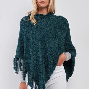 Chenille Knit Tassel Fringe Side Trim Hooded Poncho